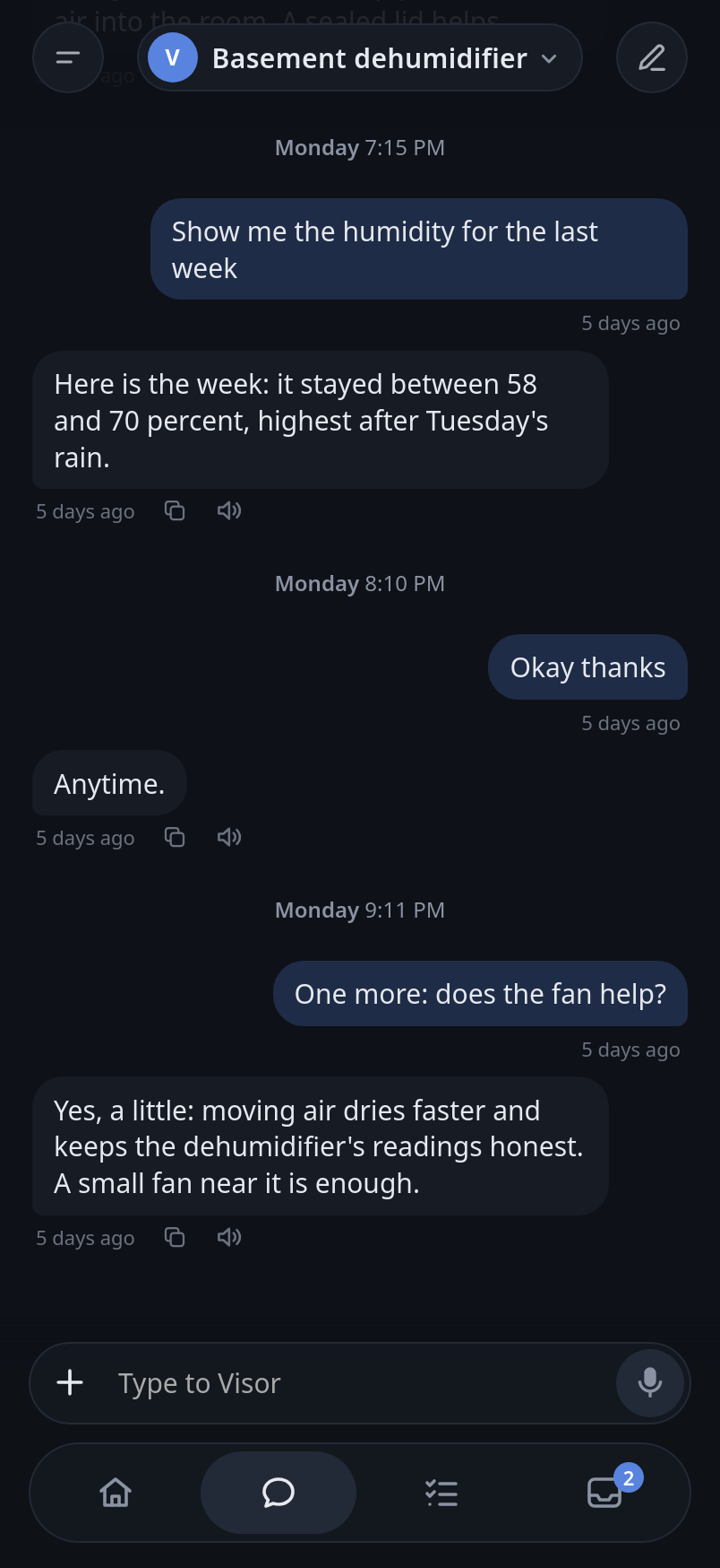 A thread in the app: questions about the basement dehumidifier and the house's replies