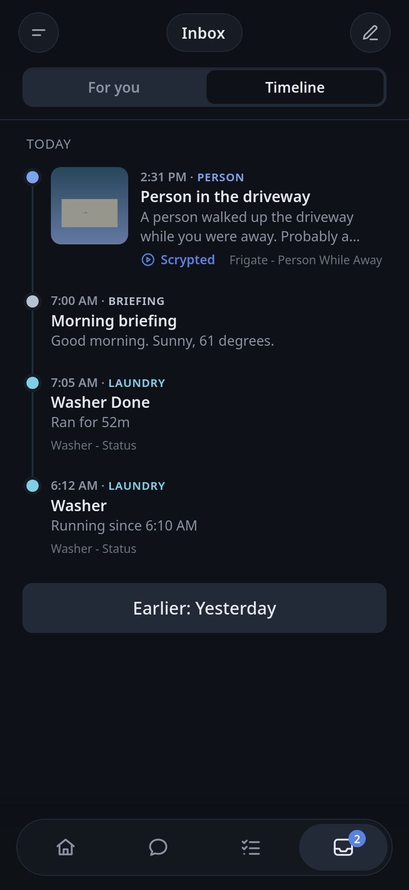The Inbox's Timeline: a person in the driveway, the morning briefing, the washer done